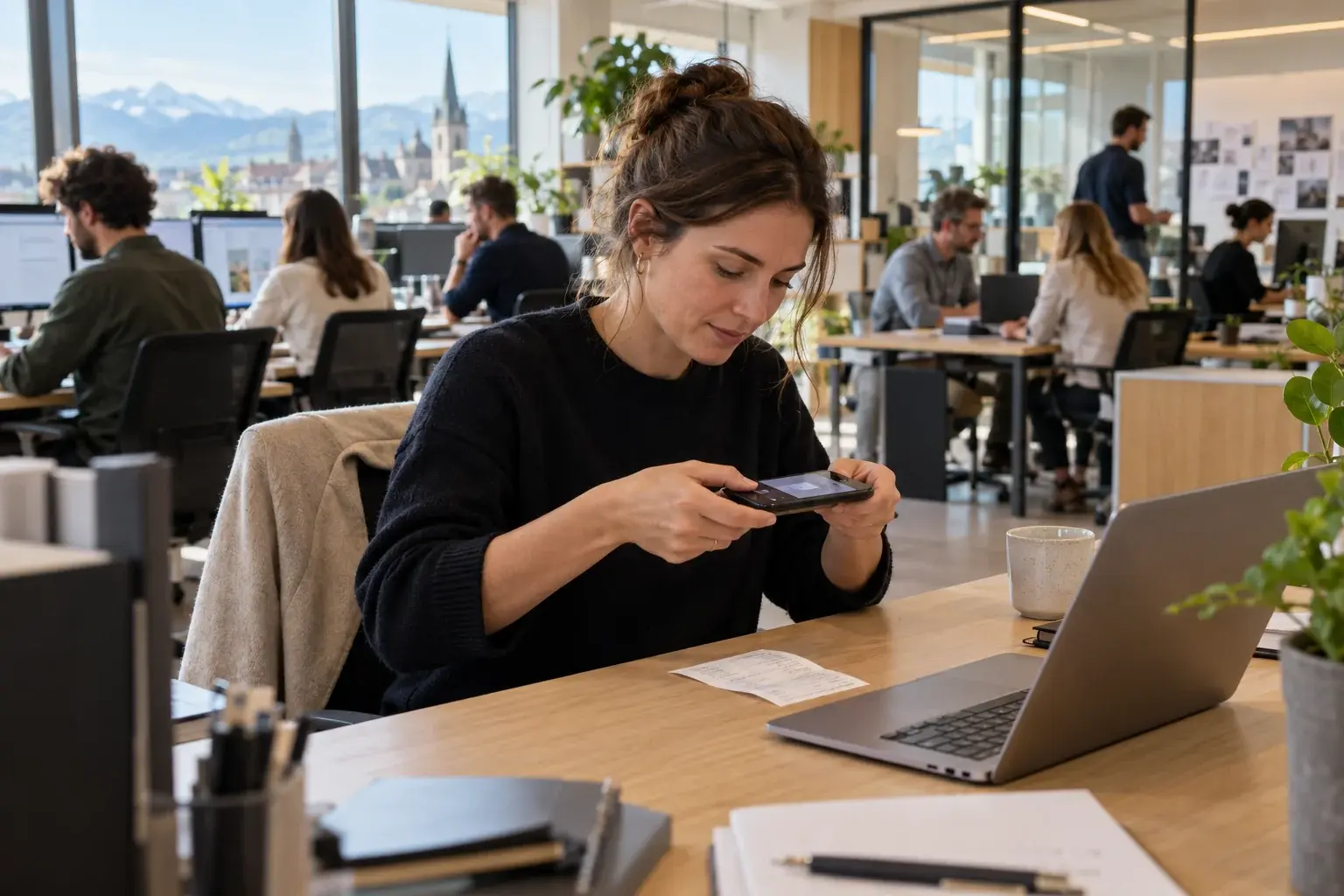 Eine Mitarbeiterin fotografiert einen Beleg mit dem Smartphone; ein Agenturteam arbeitet im Hintergrund.