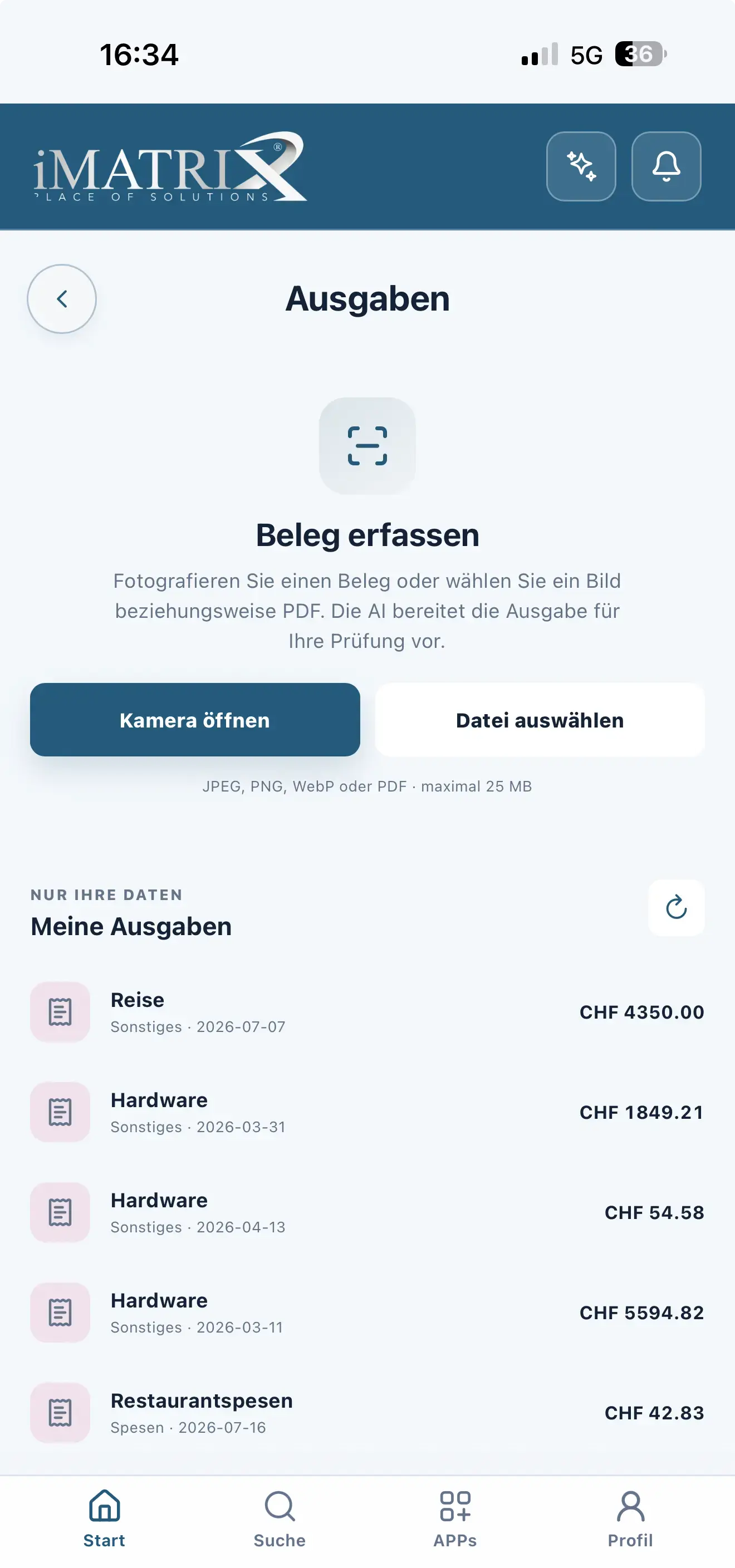 iMATRIX App · Ausgaben und Belege